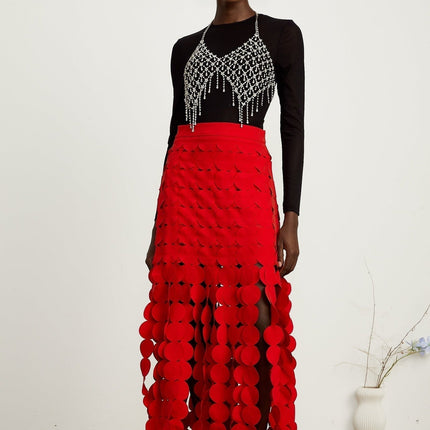 Zuri Red Fringed Maxi Dress Fabric-disc Overlay Half Lining Ankle Length Rear Zip Fastening 65% Terylene 35% Cotton Elegant Special Occasions