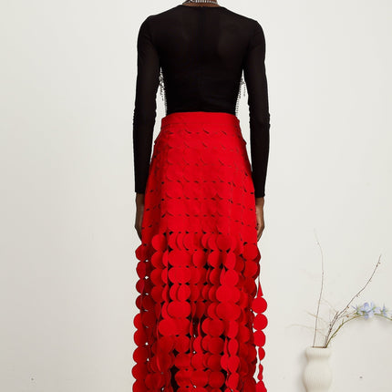 Zuri Red Fringed Maxi Dress Fabric-disc Overlay Half Lining Ankle Length Rear Zip 65% Terylene 35% Cotton Special Occasions