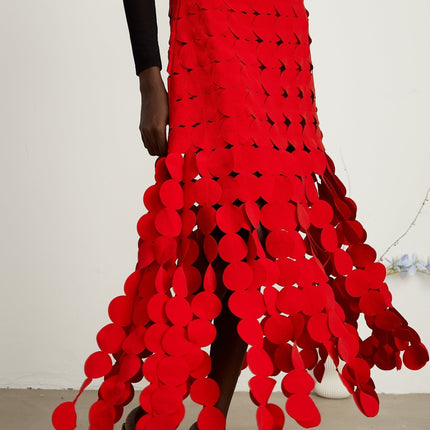 Zuri Red Fringed Maxi Dress Fabric-disc Overlay Half Lining Ankle Length Rear Zip Fastening Terylene Cotton Special Occasions