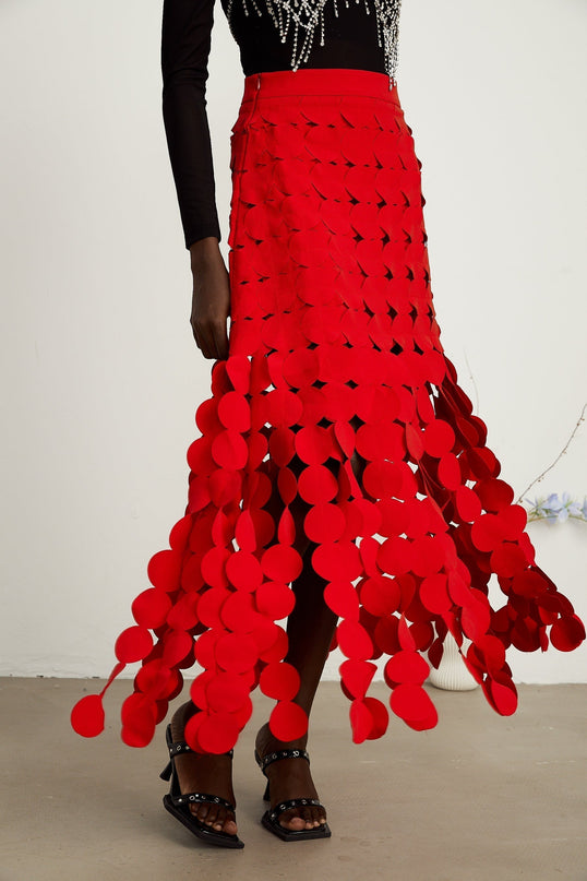 Zuri Red Fringed Maxi Dress Fabric-disc Overlay Half Lining Ankle Length Rear Zip Fastening Terylene Cotton Special Occasions