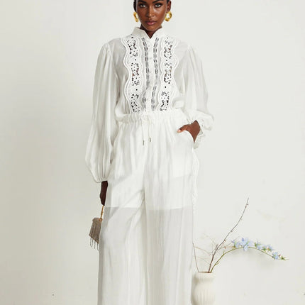 Zuri White Lace Shirt Trousers Set