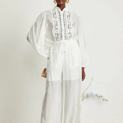 Zuri White Lace Shirt and Trousers Set