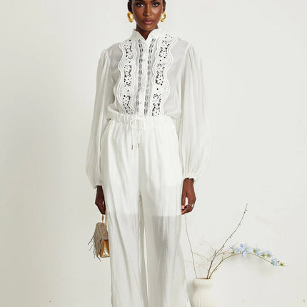Zuri White Lace Shirt and Trousers Set