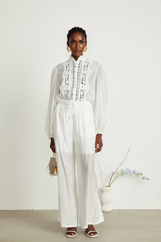Zuri White Lace Shirt and Trousers Set