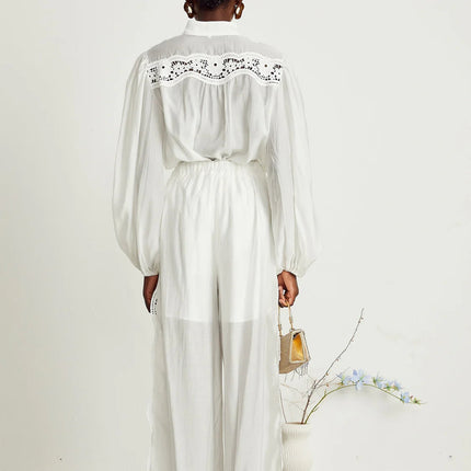 Zuri White Lace Shirt Trousers Set Linen Floral Embroidery