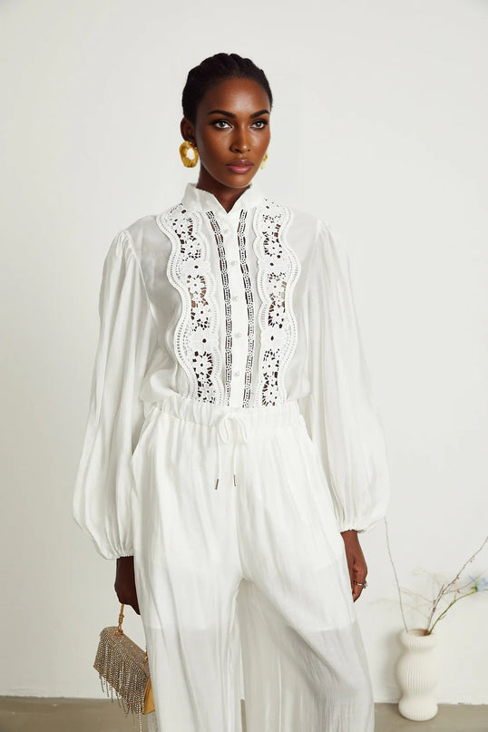 Zuri White Lace Shirt and Trousers Set