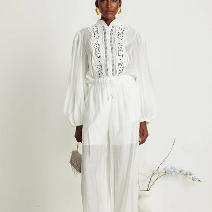 Zuri White Lace Shirt and Trousers Set