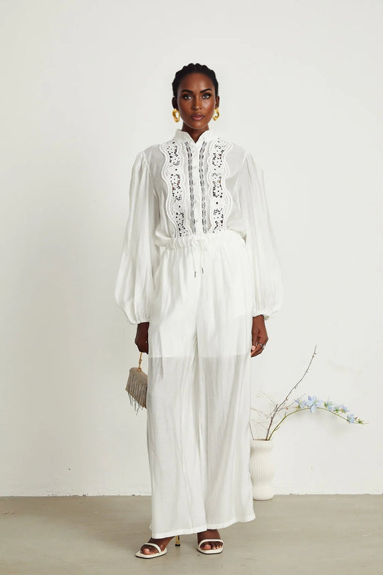 Zuri White Lace Shirt and Trousers Set