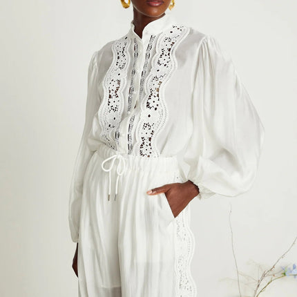 Zuri White Linen Lace Shirt Trousers Set