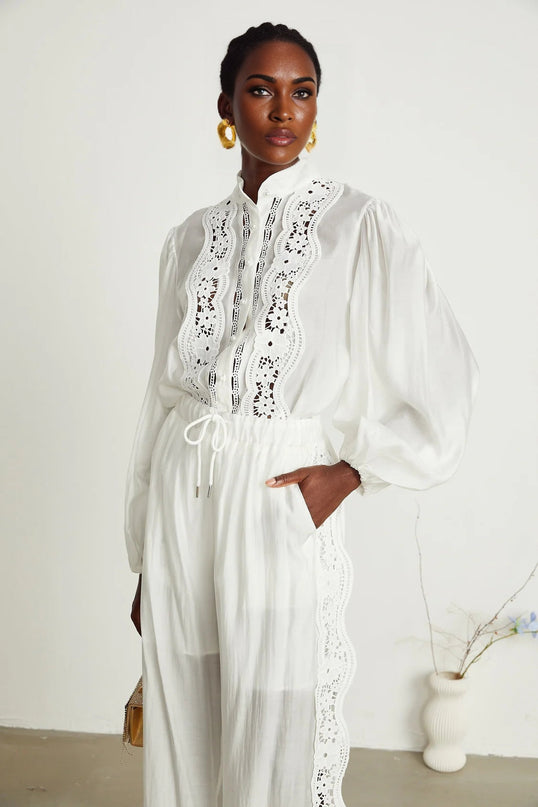 Zuri White Linen Lace Shirt Trousers Set