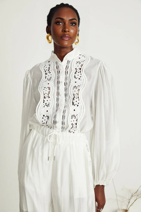 Zuri White Linen Lace Shirt Trousers Set