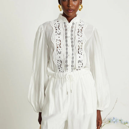 Zuri White Linen Lace Shirt Trousers Set