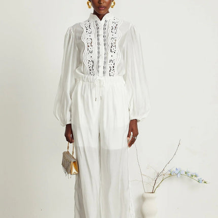 Zuri White Linen Shirt Trousers Lace Set