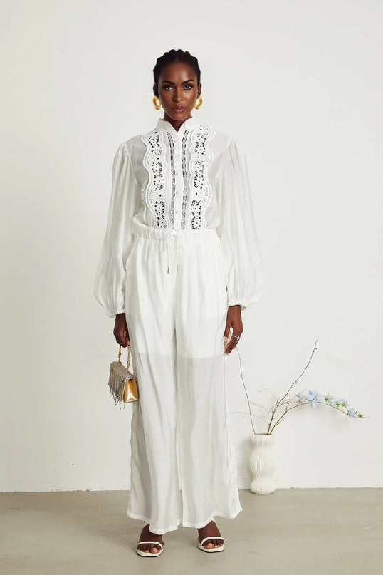 Zuri White Linen Shirt Trousers Lace Set